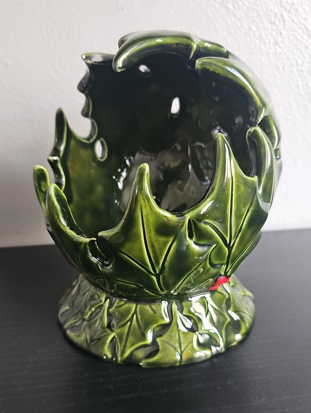 Vintage Holly Leaf Christmas Candle Holder Green Holiday Deco